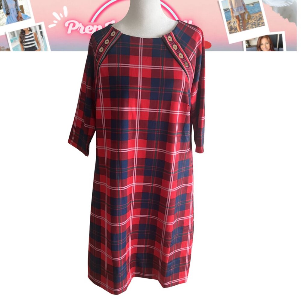 NWT Gretchen Scott Red Middleton Plaid Jersey Preppy Town Dress - M